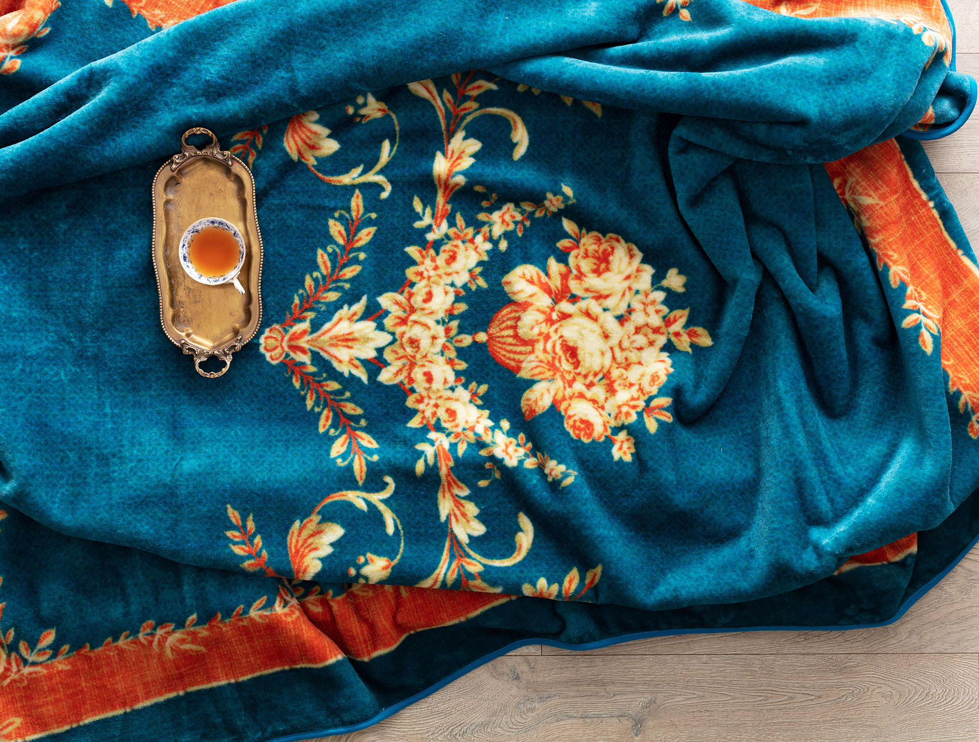  Floral Vizon Baskılı Battaniye-Mavi