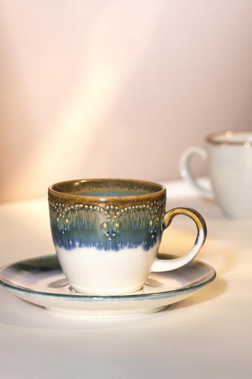  Perle 6 Kişilik Kahve Fincan Takımı - Mavi/Yeşil - 90 ml